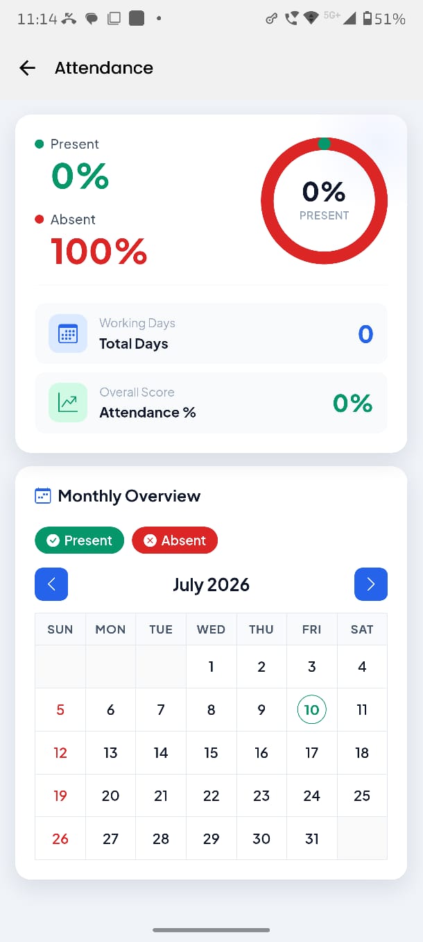 Mobile app attendance screen with present/absent ring and monthly calendar
