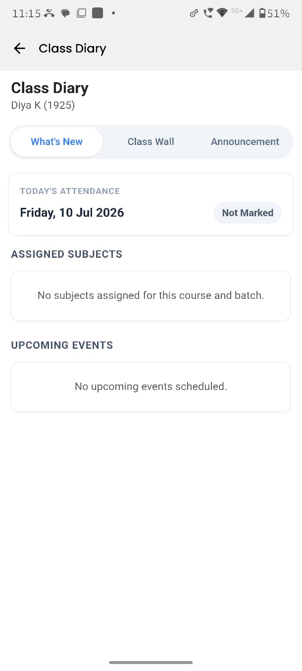 Mobile app class diary โ today's attendance, subjects and upcoming events