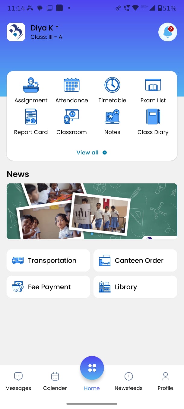 Web School mobile app home screen